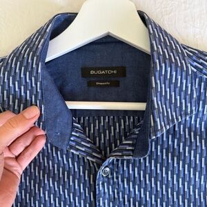 Bugatchi OoohCotton Blue Patterned Long Sleeve Shirt, size men’s Large EUC